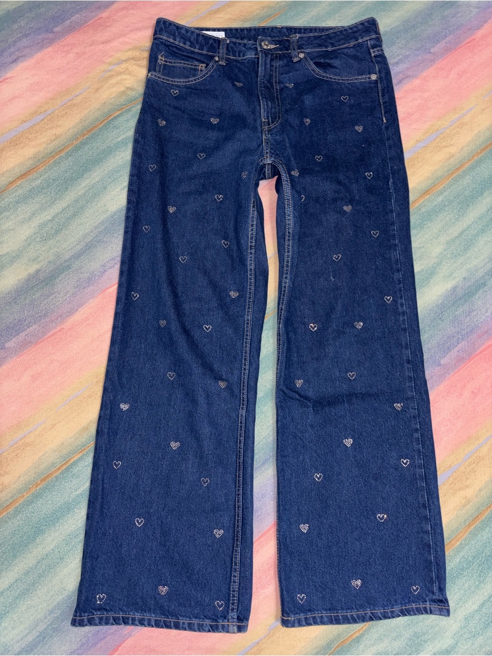 Zara TRF Denim Navy Wide Leg Rhinestone Heart Mid Waist Jeans size 6